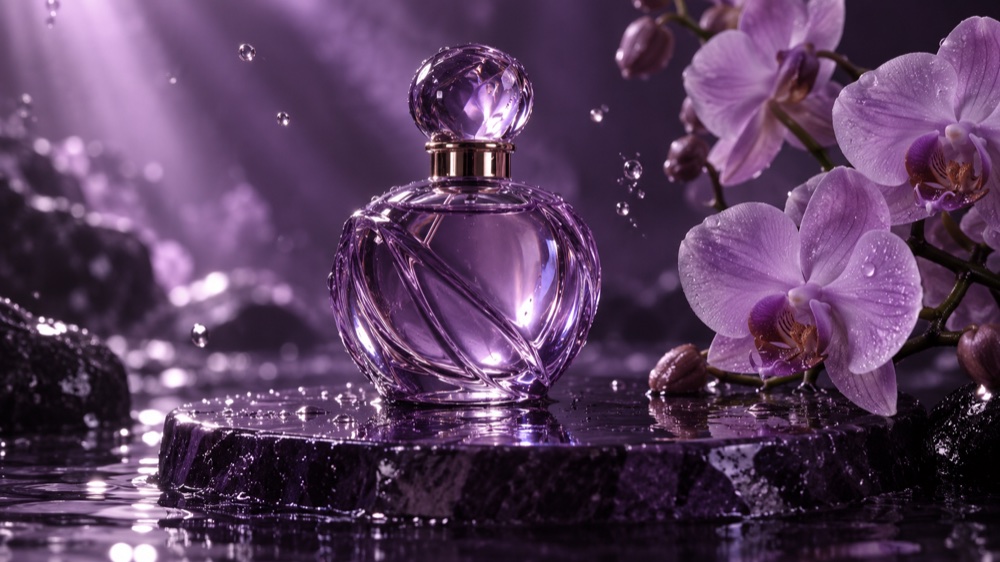 Orchids beside a glass perfume bottle